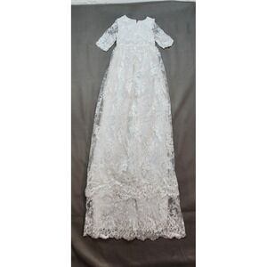 White Lace Christening Gown Long Floral Dress with Bonnet for Baby Toddler